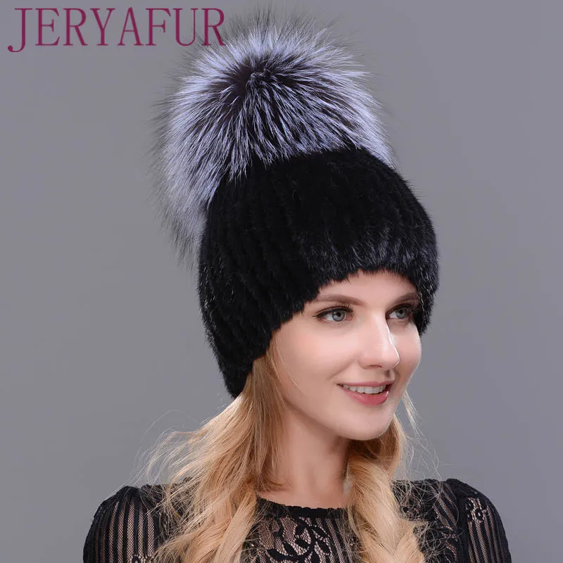 Real Mink Fur Hat For Winter Women Imported Knitted Mink Cap With Fox Fur  New Hot Sale High Quality Female Beanies