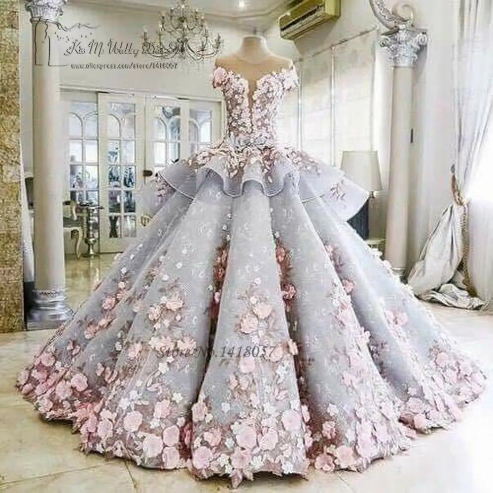 Colorful Luxury Wedding Dresses Pink Flowers Dreamy Ball Gown Wedding Gowns Princess Bride Dress 2017 Vestido de Noiva Mariage