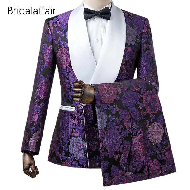 

KUSON New Designs Custom Made Groom Tuxedos Slim Purple Floral Printed Men Suit For Wedding Prom Mens Suits 2Pcs (Jacket+Pants)