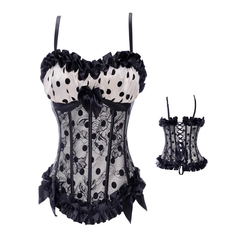 

New Women Satin boned Lace Black Ruffles Polka Dot Corset Burlesque Bustier Corselet