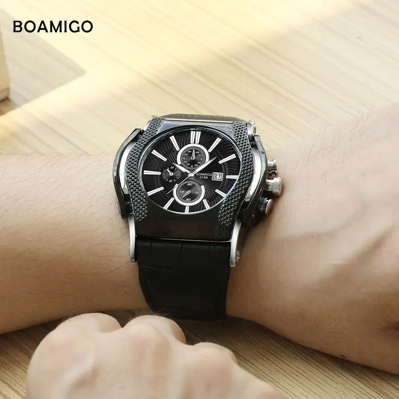 luxury mens watches BOAMIGO brand men quartz watch genuine leather wristwatches big dial auto date gift clock relogio masculino