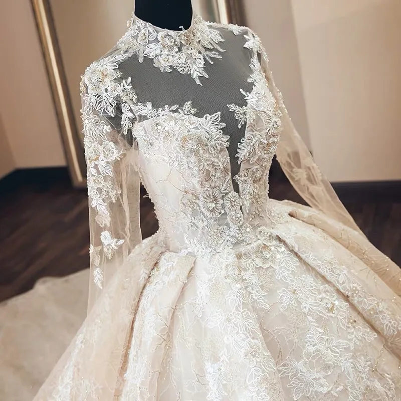 Custom Made Bóng Gown Fluffy Tàu Lớn Cao Cổ Dài Tay Áo Ren Pha Lê Đính Cườm Đám Cưới Sang Trọng Áo Váy Cưới Đám Cưới SA12