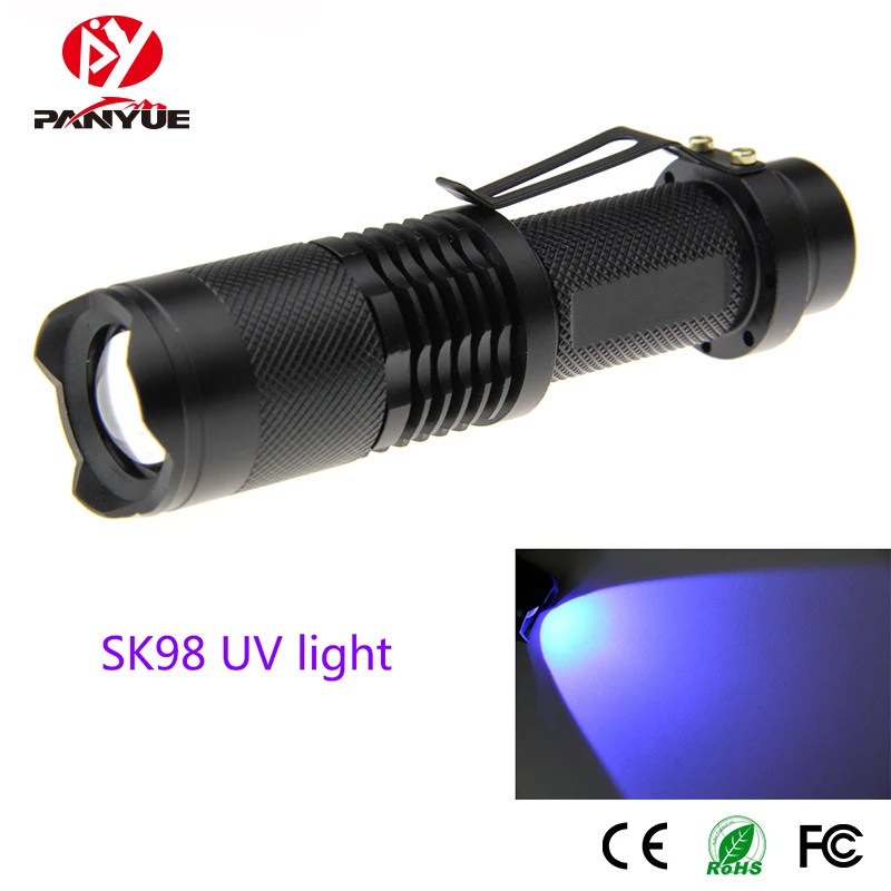 

PANYUE NEW LED UV Flashlight SK98 Purple Violet Light Mini UV 395nm Lamp Portable UV Flashlight Torch Light Zoomable