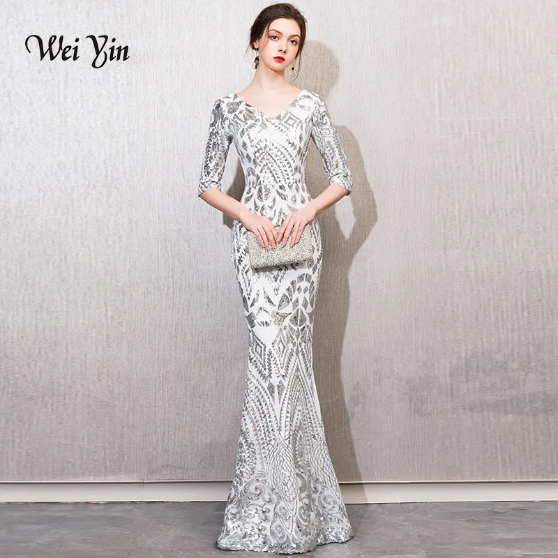 

weiyin Grey V-neck Floor Length Back Sequins Party Formal Dress Half Sleeve Sexy Mermaid Long Evening Dresses WY791