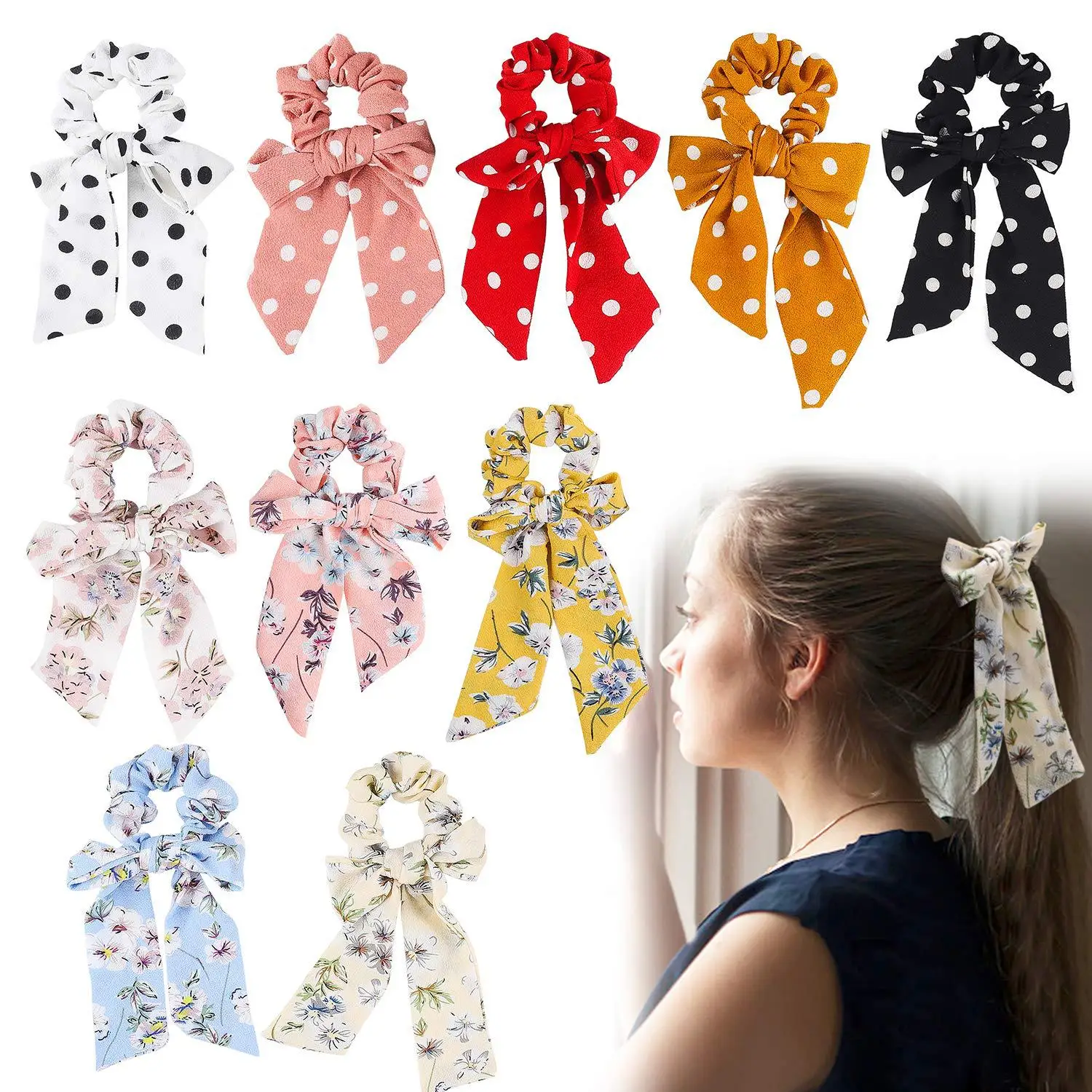 

New Women Girls Bows Hair Ring Fashion Polka Dots Bowknot Hair Bands Scrunchies Horsetail Tie Printed Headwear Hair Accessories