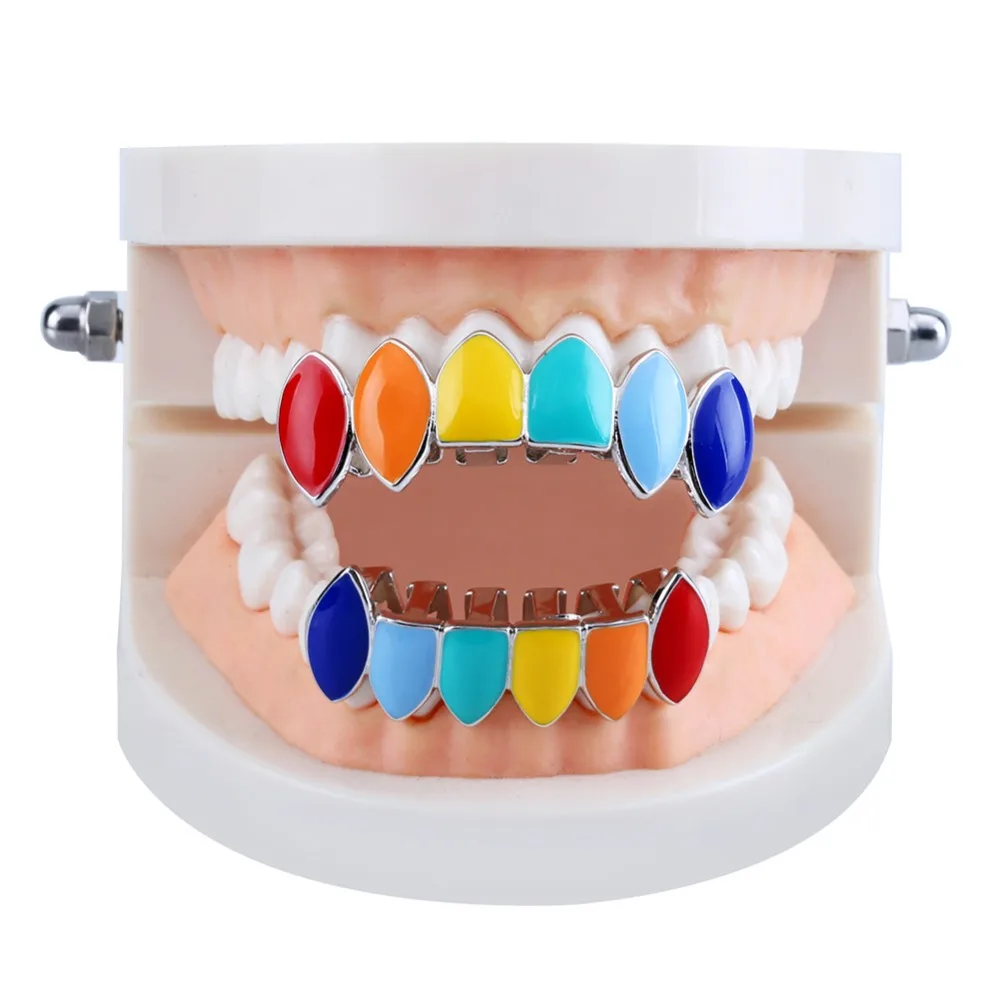 TOPGRILLZ Hip Hop Gold Tekashi69  Rainbow Teeth Grillz Top&Bottom Colorful Grills Dental Halloween Vampire Teeth image 4