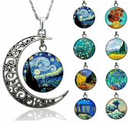 Van Gogh Starry Night Necklace Glass Cabochon Crescent Moon Clavicle Necklace Jewelry Valentines Gift for Women