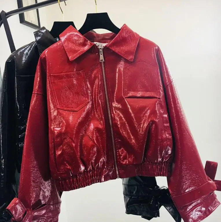 Zipper stitching glossy shiny PU jacket 2024 autumn new female motorcycle PU leather jacket short Slim pu jacket wq1151 dropship