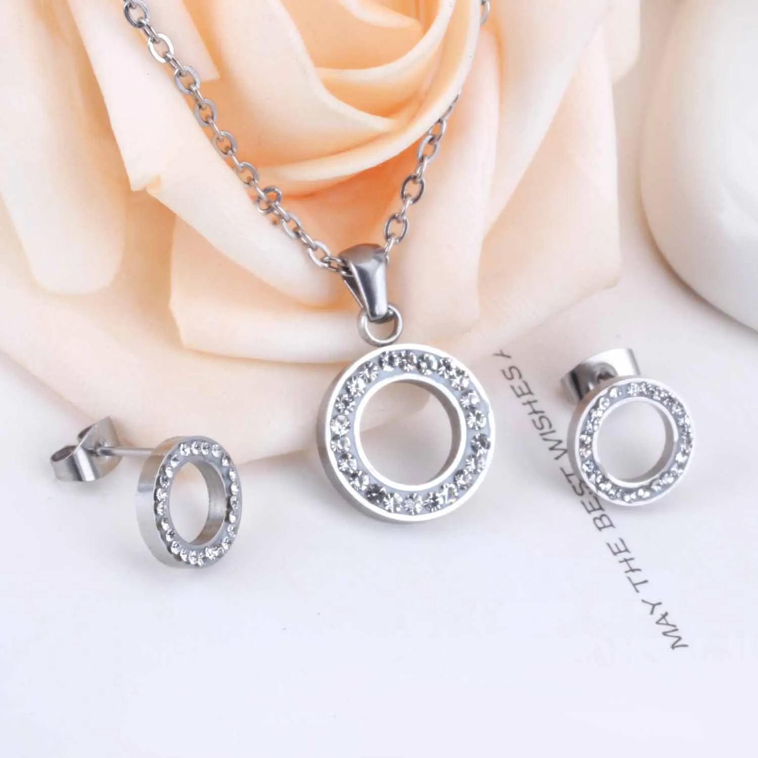 LUXUSTEEL set stainless steel Hollow Out Round Cubic Zirconia Pendant Necklace Earrings Brinco Female Bijoux Party Wholesale