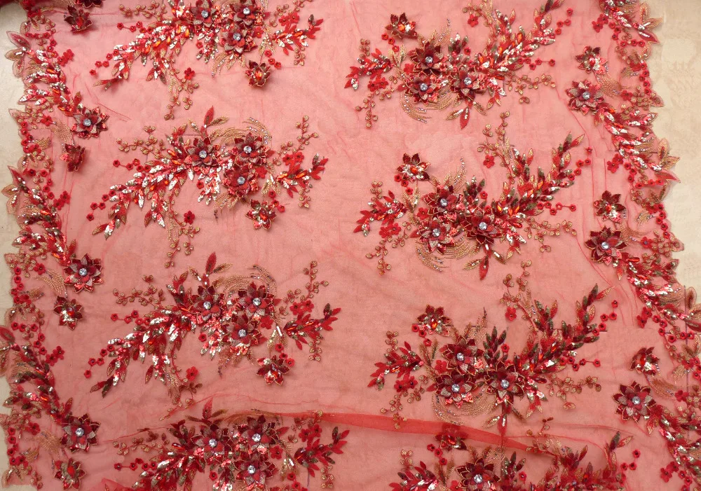 La Belleza 1 yard red sequins acrylic stones 3D handmade flowers on net wedding dress/evening/show/stage dress lace fabric