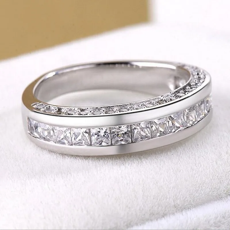 Drop Shipping Luxury Jewelry 925 Sterling Silver Princess Cut Full Cubic Zirconia Party Promise Wedding Bridal Women Ring Gift