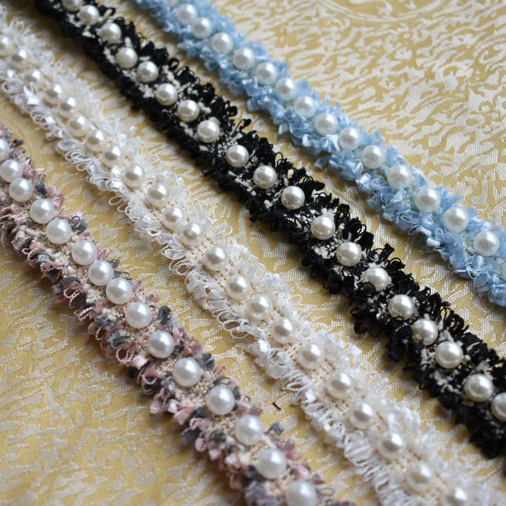 Vintage 2.5cm Pearl Beaded Lace Trim Ribbon Fabric Handmade DIY Costume Dress Sewing Supplies Craft Fringe Lace