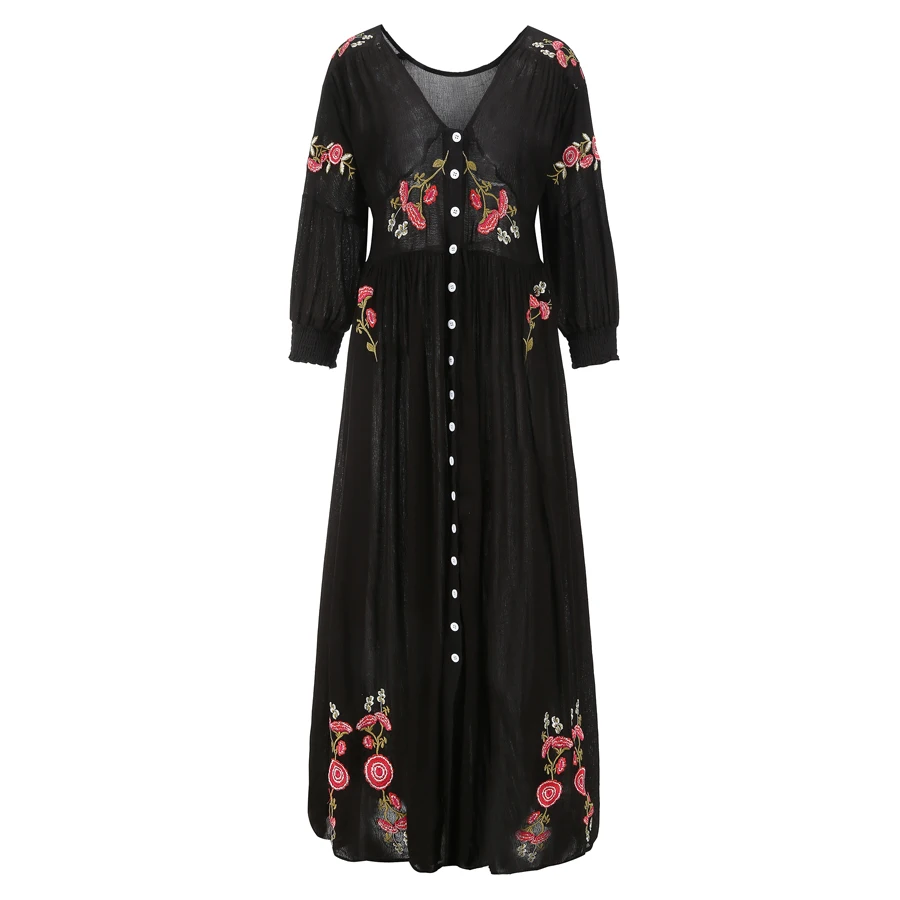 Vestido largo bohemio negro teelsign 2019 otoño Floral bordado sexy cuello en V suelto cintura hippie vestidos Casual Mujer vestidos