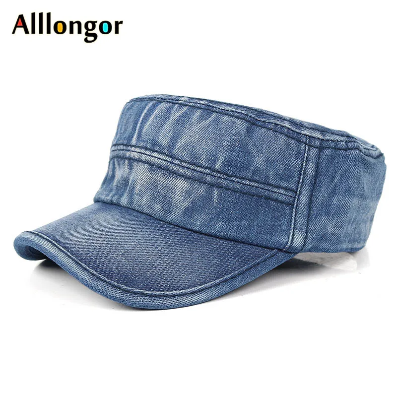 2024 New Denim Flat Top Military Cap Women Men Snapback Caps Vintage Army Hat Adjustable Patrol Cap Unisex Baseball Hats