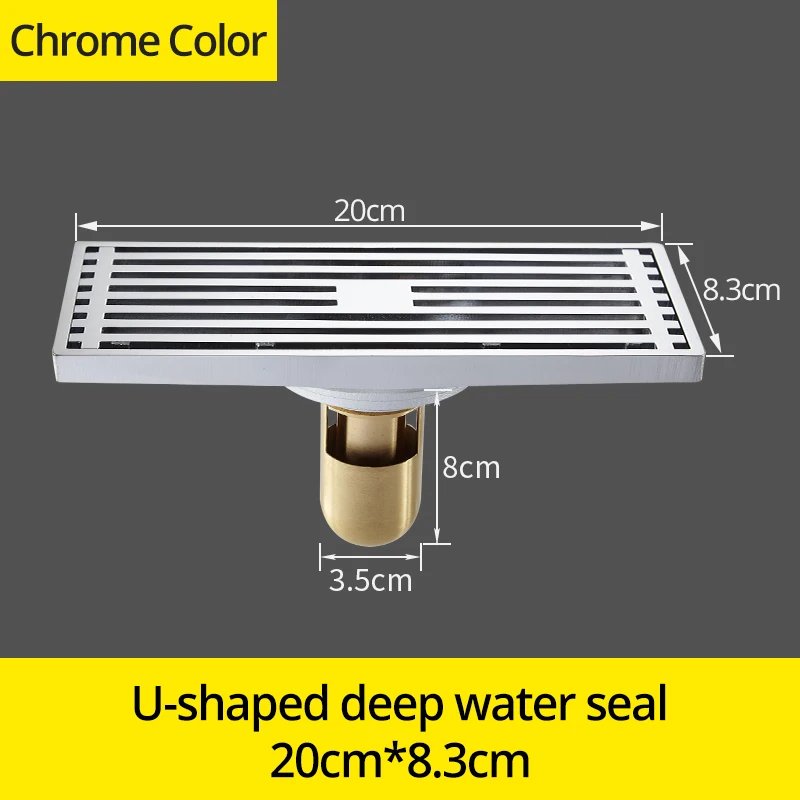 Drains Chrome Brass Bathroom Linear Shower 8*20cm Floor Drain Wire Strainer Art Carved Cover Waste Drain Bathroom Fitting B8029