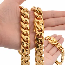 Hip hop Men Miami Cuban Curb Link Chain Necklaces Bracelet Stainless Steel 18K Gold Plated Lock Clasp Jewelry Set Size 12mm