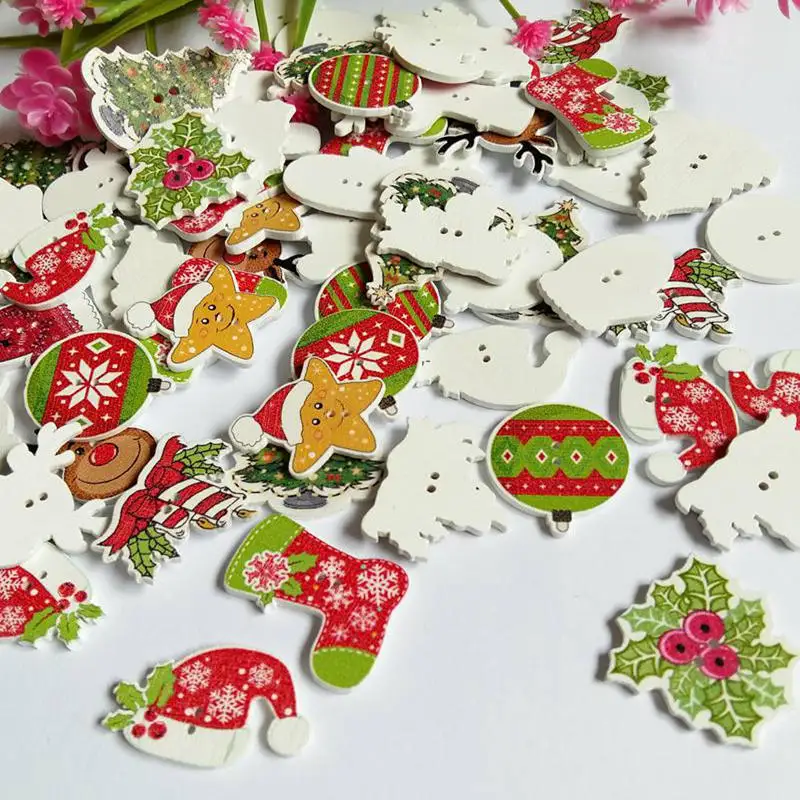 50pcs/pack Mix Christmas Decorative Wooden Buttons 2 Holes Handmade Scrapbooking For craft Supplies Sewing Accessories