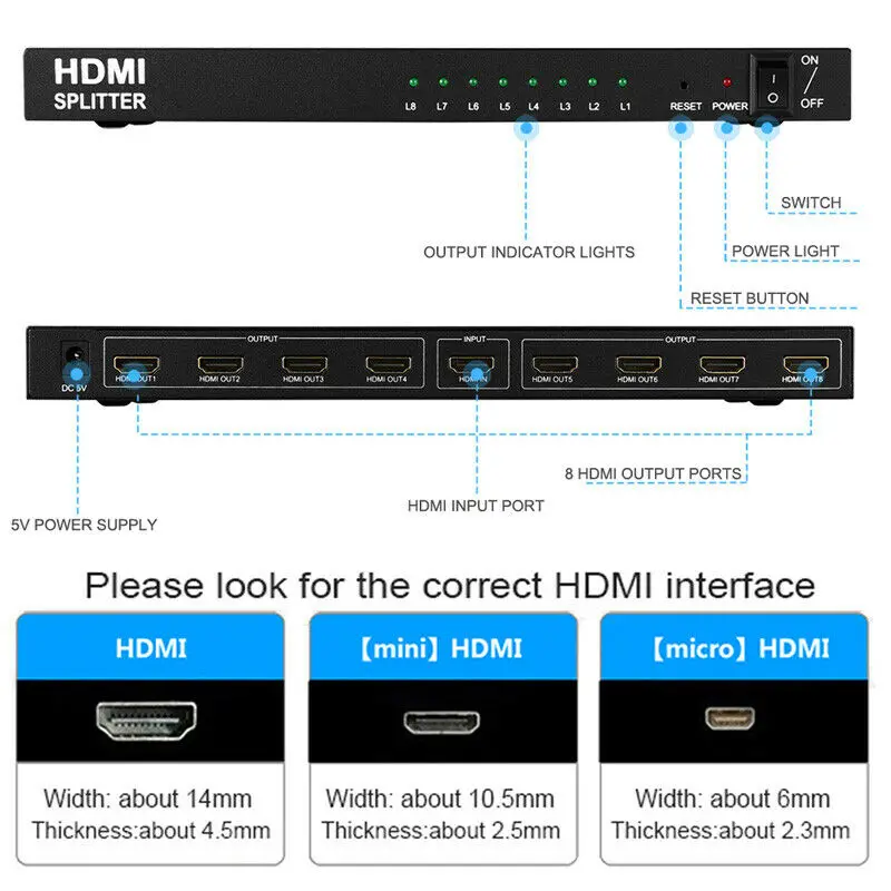 Ultra HD 4K HDMI Splitter 1X8 8 Port Repeater Amplifier Hub 3D 1080p 1 In 8 Out