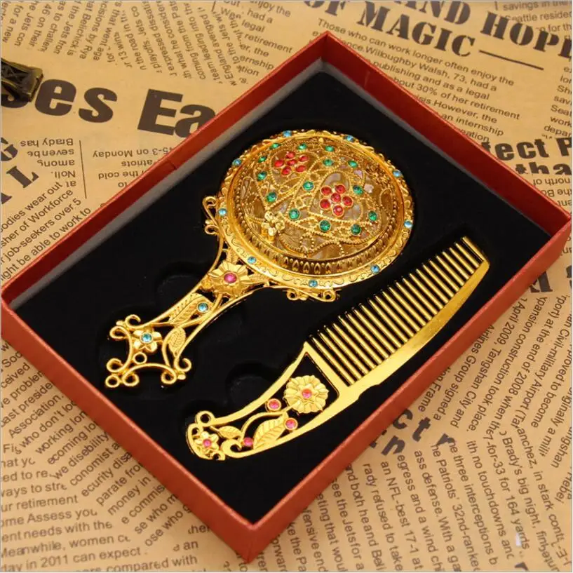 Classic gold color maquillaje espejo Retro crystal flowers Metal Portable mirror comb set makeup mirror Vintage Cosmetic mirror