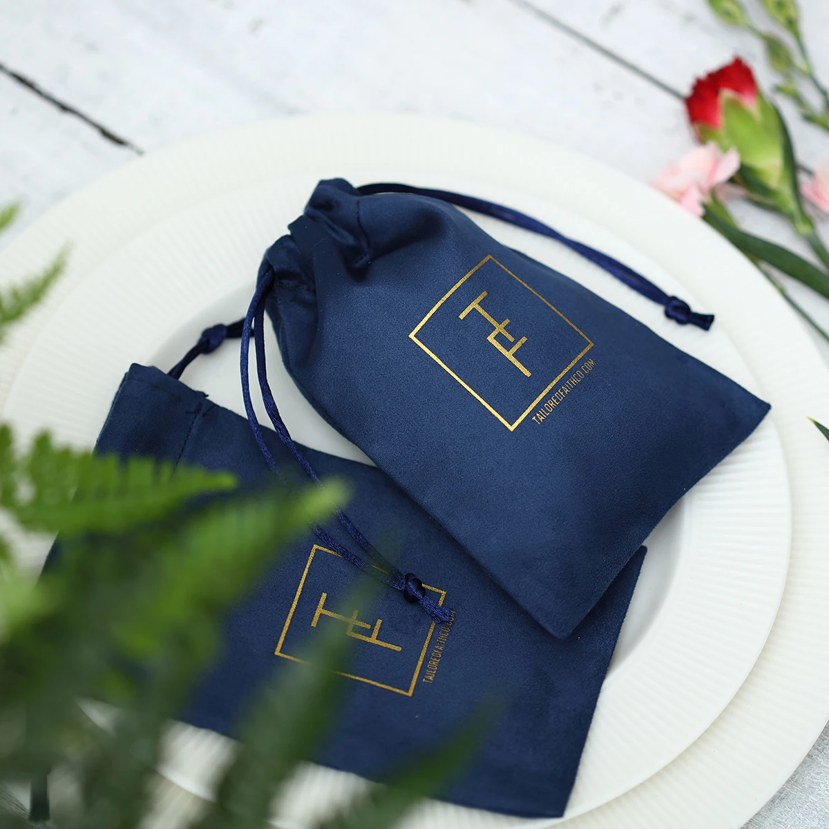 Flanell-Schmuckbeutel, individuelle Logo-Größe, marineblauer Samt, Kordelzug, Ohrringe, Verpackung, Organizer, Geschenktüte für Hochzeit, Großpackung – Detail 3