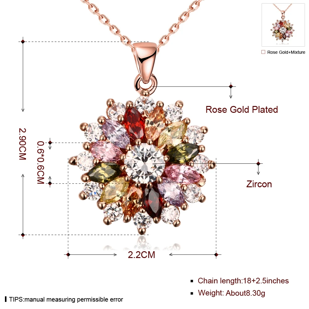 Rose Gold Color Pendant Necklaces for Women Girls,Plated Gold Multi Color AAA Cubic Zircon Flower Necklace Women\'s Jewelry