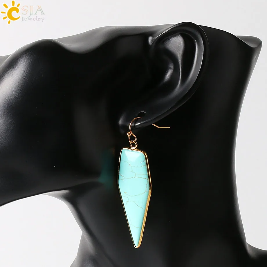 CSJA Ethnic Geometric Gold Plated Jewellery for Female Long Earrings Hook Dangle Natural Spectrolite Stone Pendant Earring E248