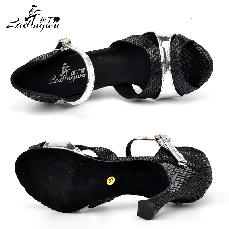 Ladingwu Factory Outlet Black Snake texture PU Ballroom Dance Competition Shoes Woman Latin Salsa Dance Shoes Size US 4.5-12