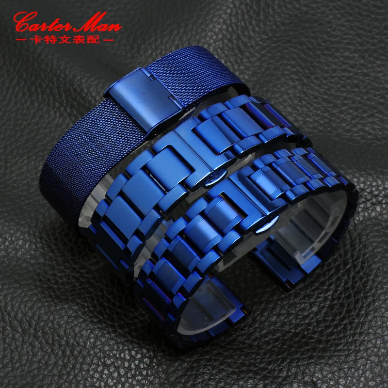 New blue stainless steel watchband strap metal bracelet strap 18mm 20mm 22mm straight end for men women fashion watch