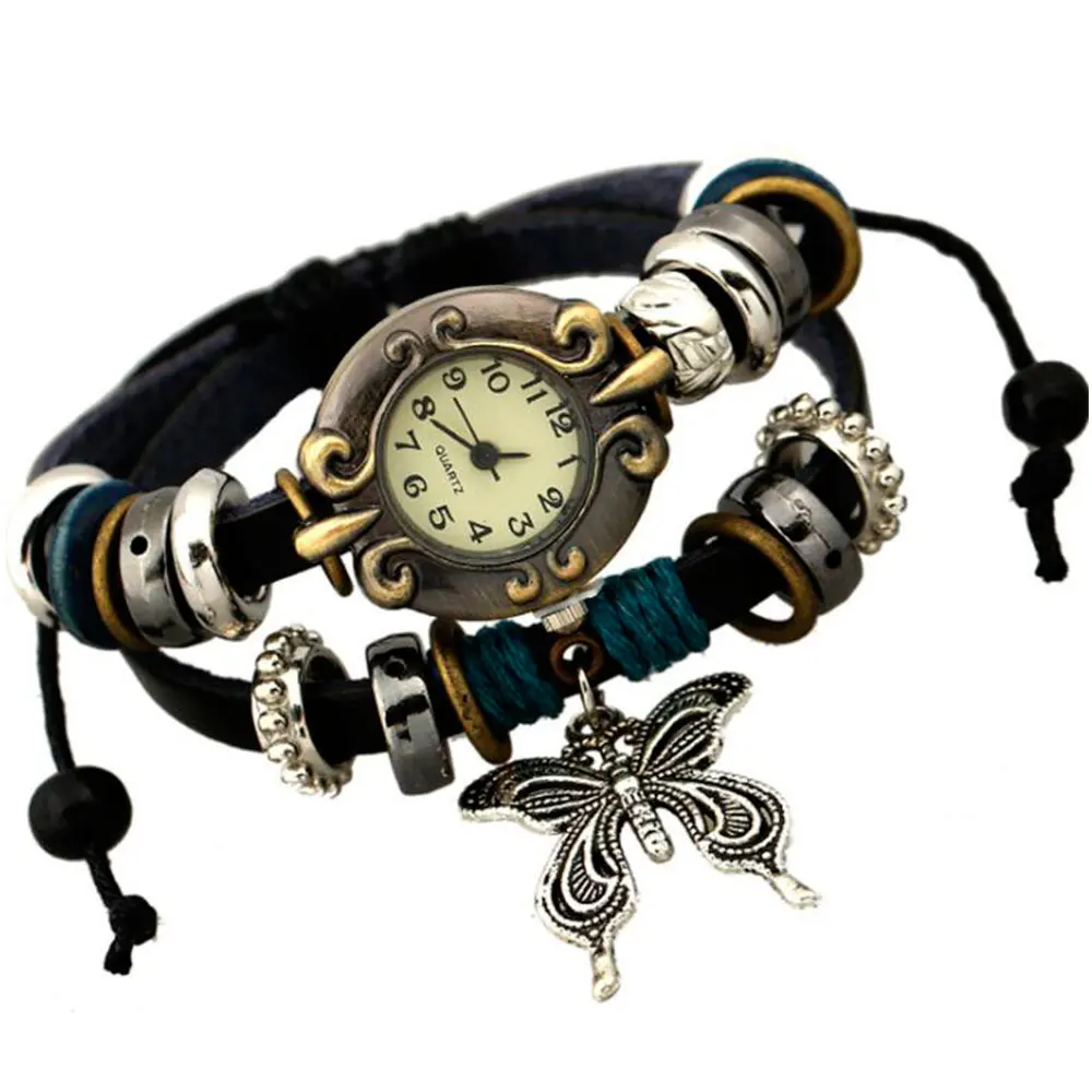 Handgemaakte vlinder kralen armband quartz horloge klok vrouwen man liefhebbers vintage retro armband lederen band armbanden jurk horloge