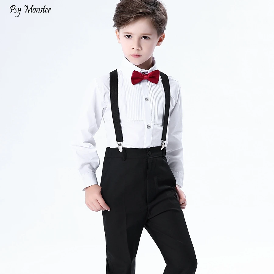 

4pcs Children Primary School Class Chorus Performances Clothing Set Boys Dresses Bibs Uniforms Kids Shirrts Pants Strap Bowtie