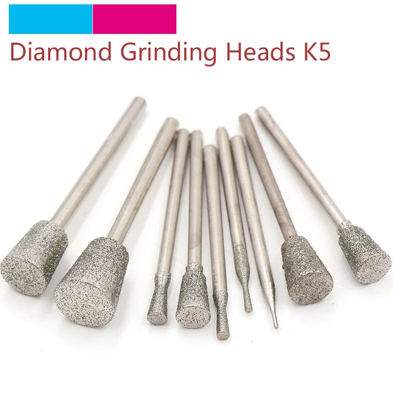 

5pcs 2.35mm Shank Diamond Grinding Head Set Coated Mounted Bit Burr Lapidary Tool for Dremel Stone Gemstone Carving K5 Needle