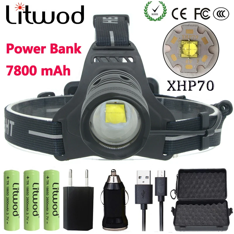 Litwod z252808 Led Headlight XHP70 30000LM headlamp Powerful Head lamp Fishing light flashlight torch zoom Head light lantern