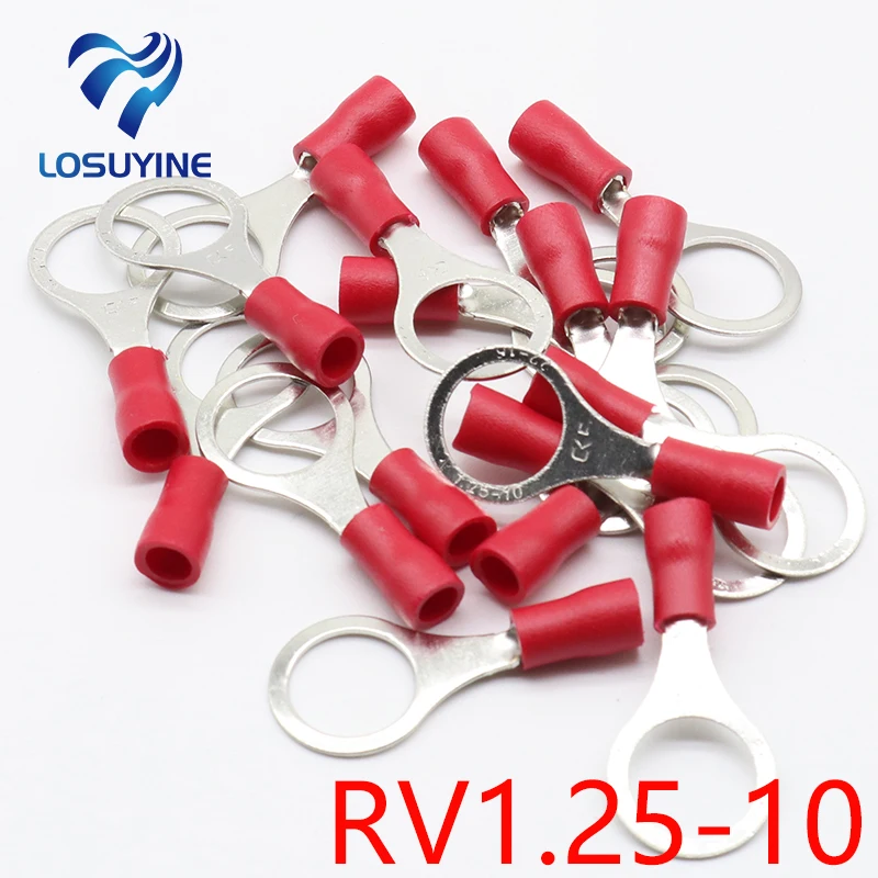 RV1.25-10 Red 22-16 AWG 0.5-1.5mm2 Insulated Ring Terminal Connector Cable Wire Connector 100PCS/Pack RV1-10 RV