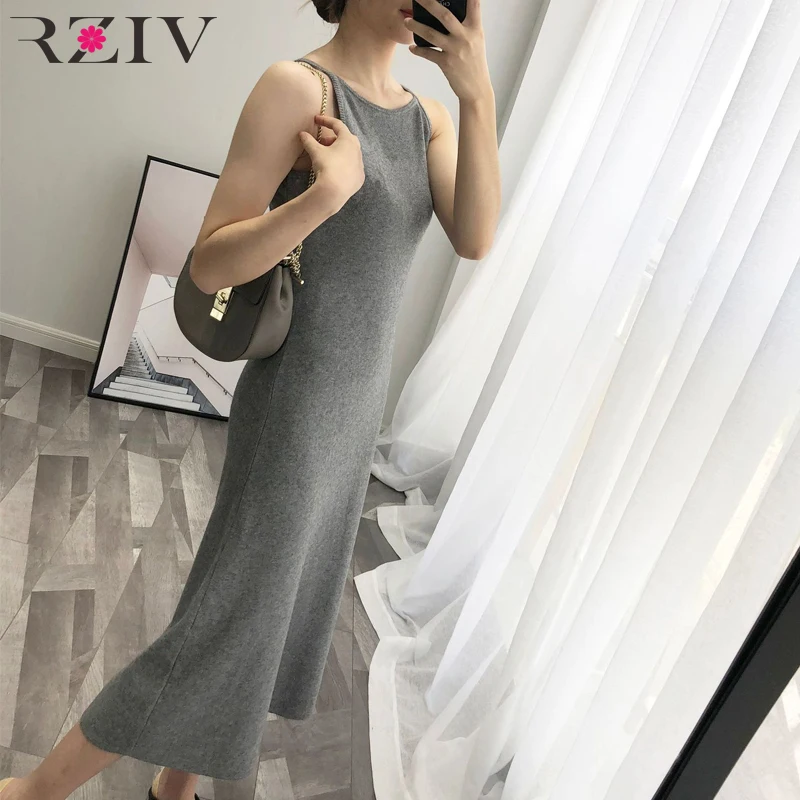 RZIV Women\'s Sweater Dress Casual Solid Color Sling Sleeveless Knitted Dress