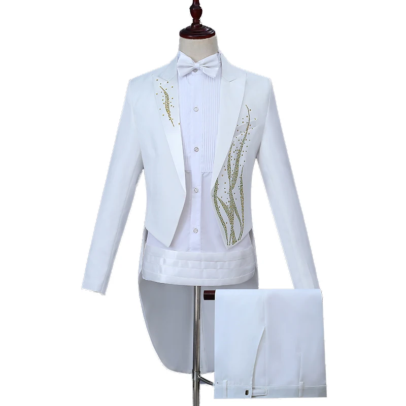 White Tuxedo Male Swallowtail Suits Crystal Blazers Trousers Singer Costume Prom Host Magician Chorus Stage Performance 2 Piece