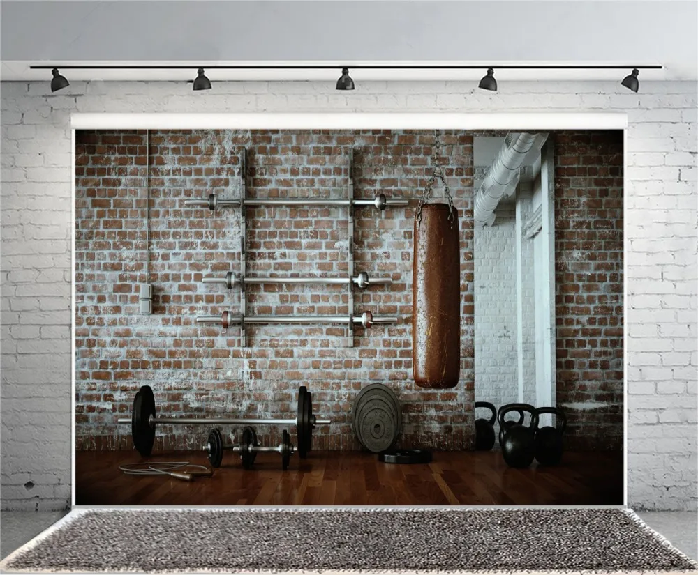 Laeacco Gym Barbell Sandbag Brick Wall Wooden Floor Baby Interior Photo Backgrounds Photographic Backdrop Photocall Photo Stadio