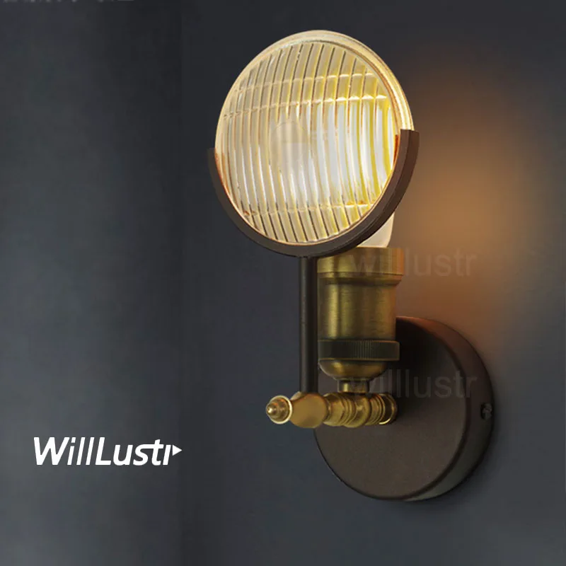 Vintage GASLIGHT LENS Wall Sconce Light Retro Metal Iron Brass Fixture Stripe Convex Glass Lamp Cafe Bar Restaurant Hotel Lounge