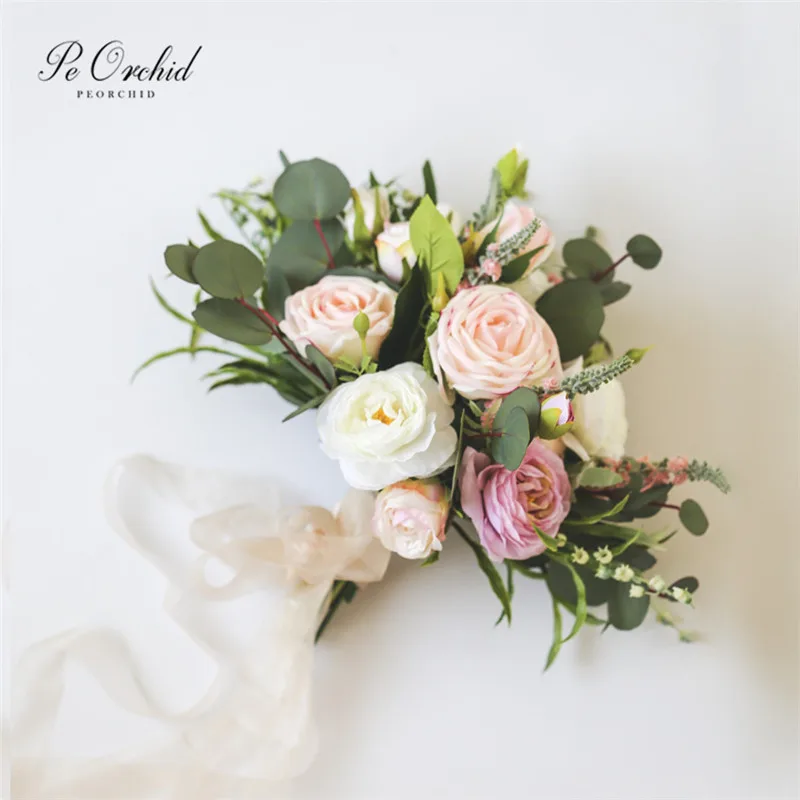 PEORCHID Romantic Garden Wedding Bridal Bouquet Roses Colorful White Pink Purple Green Bouquet Artificial Flowers Gelin Buketi