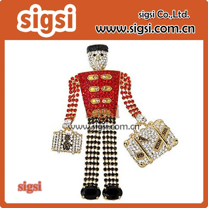 

100pcs wholesale metal acrylic rhinestone men with Travel bag figure brooch pin