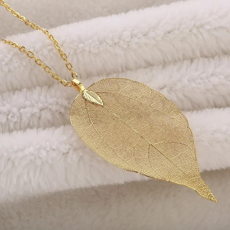 LOVBEAFAS Natural Real Leaf Necklace for Women Wedding Jewelry Evergreen Filigree Unique Chain Long Necklace Pendant Party Gift