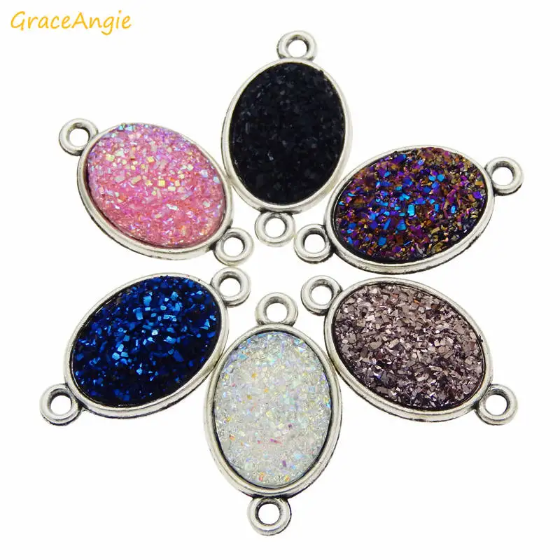 GraceAngie 10pcs/lot Resin Faux Druzy Cabochons Pendant Shiny Charms Connector Random Color Necklace Bracelet making Accessory