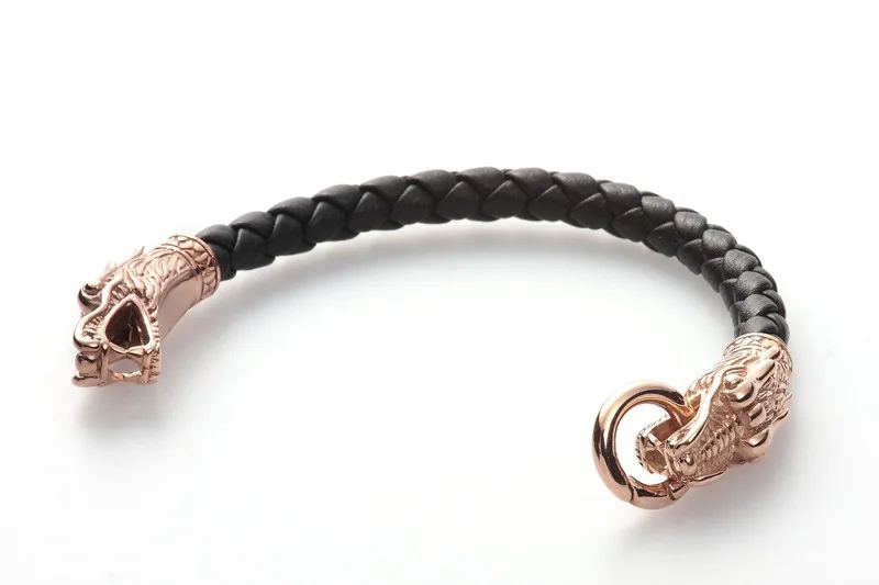 Top quality Genuine Leather Bracelet 316L Stainless Steel Rose Gold Plating Dragon Leather Bangle for Mens Gift AB095