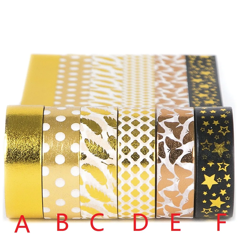 1 piece Gold Washi Tape Set 6 rolls, Decorative Craft Tapes Kit of Cute Patterns for Scrapbooking, DIY Projects