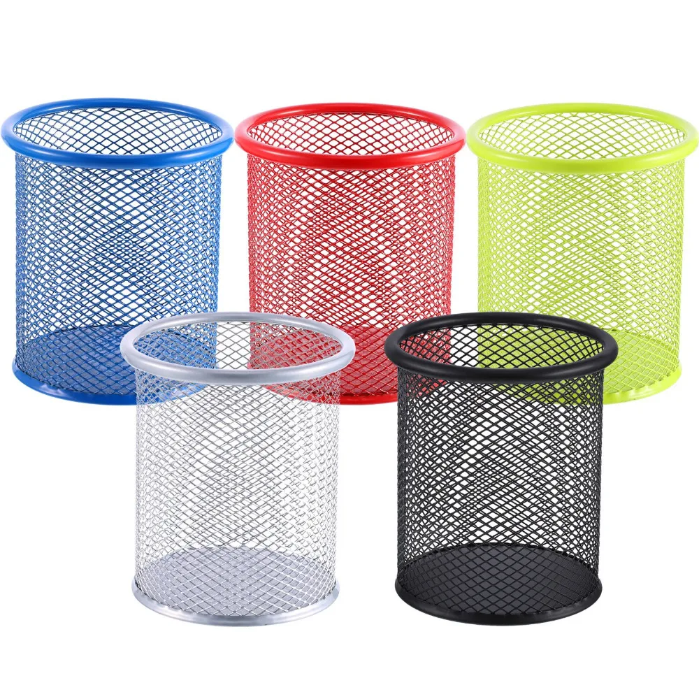 XRHYY 2 Pcs 5 Farben Mesh Runde Desktop-Organizer Runde Metall Stift Lineal Augenbraue Bleistift Make-Up Pinsel Tasse Halter Hause büro