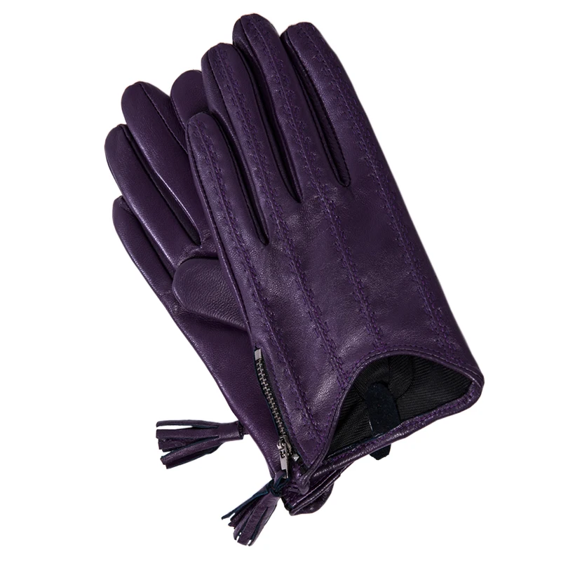 Guantes de cuero genuino con borlas y cremallera para mujer, estilo corto, de terciopelo fino, forrado, de piel de oveja, para conducir, otoño e