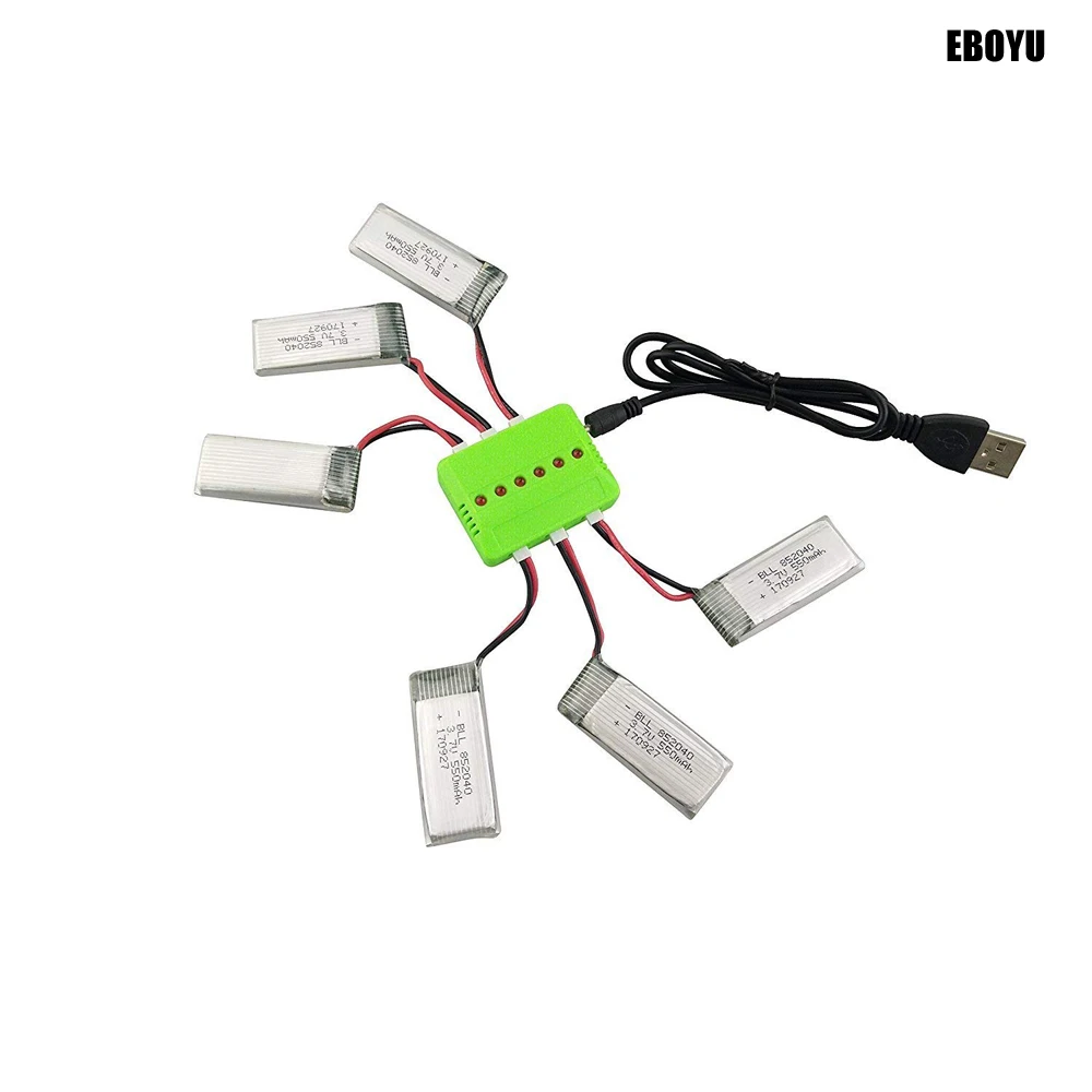 6pcs * EBOYU 3.7V 550mAh 25c Lipo Battery + 1 to 6 Balance Charger for JXD 523 523W H43WH RC Quadcopter Drone