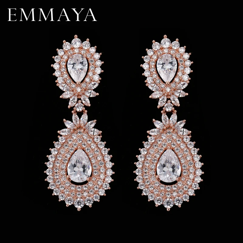 EMMAYA Luxury New Fashion Women Rose Gold Color Drop Earrring CZ Nice Pierced Dangle Wedding Earrings Jewelry Gifts