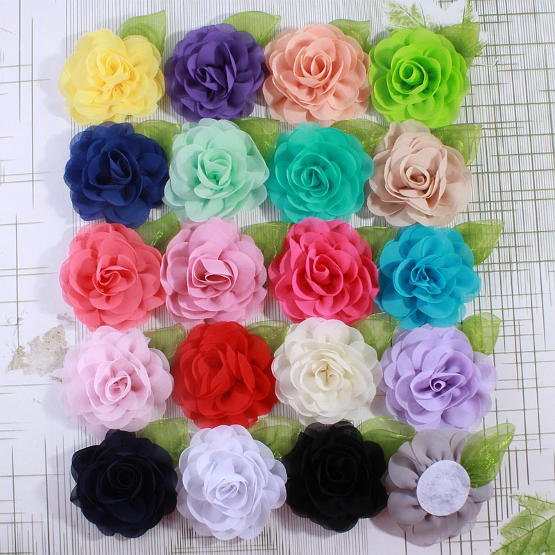 

120PCS/lot 8.5CM U Pick Color Fashion Chiffon Flowers With Green Leaf For Headbands Fabric Flower For Hair Accrossires