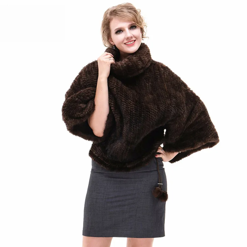 

Autumn Winter Women's Genuine Knitted Mink Fur Poncho Mandarin Collar Batwing Sleeve Wraps Lady Pashmina Shawl VF7061