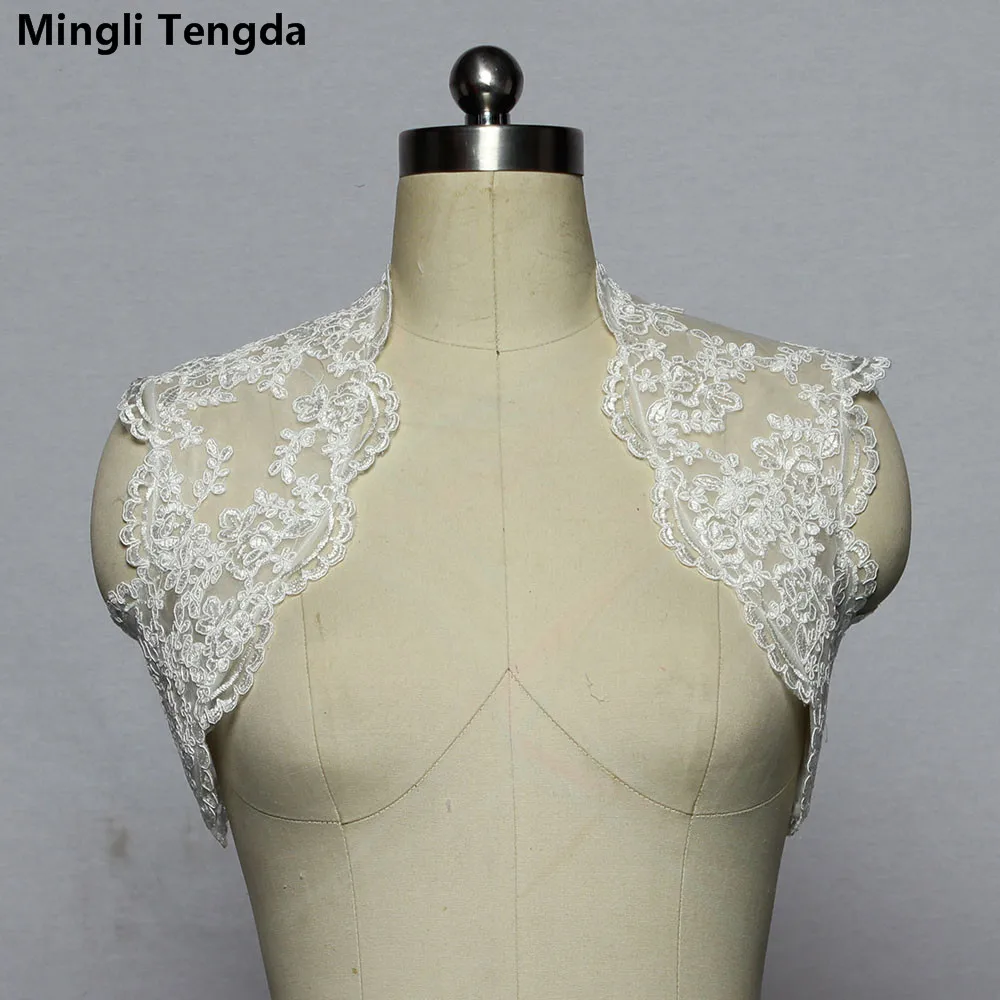 Mingli Tengda kość słoniowa/biała koronkowa kurtka ślubny szal ślubny aplikacja ślubne wzruszenie ramion Wrap Bolero Custom Made kurtka ślubna damska